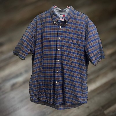 Tommy Hilfiger Men's Plaid Short Sleeve Button Down Xl - 100% Cotton Shirt